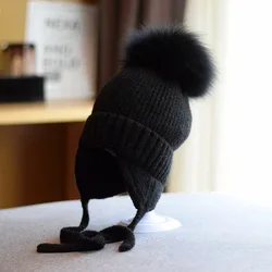 2023 Children Winter Cap New Fashion Wool Windproof Warm EarFlaps Cotton Cute Knitted Cashmere Hat With Pompoms