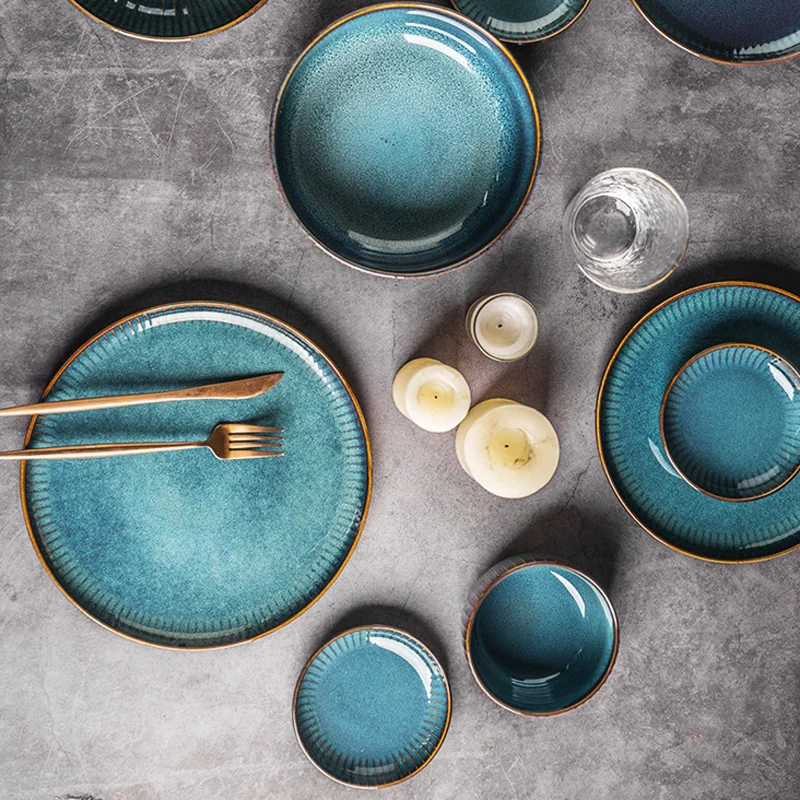 nordic kitchen arabic crockery western blue reactive glaze emboss stoneware ceramic plate dinnerware set