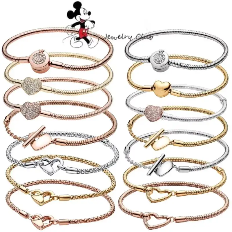 Классический браслет из серебра 925 пробы в форме сердца цепочка змеиной кости розового золота подходит для женских украшений Pandoraers