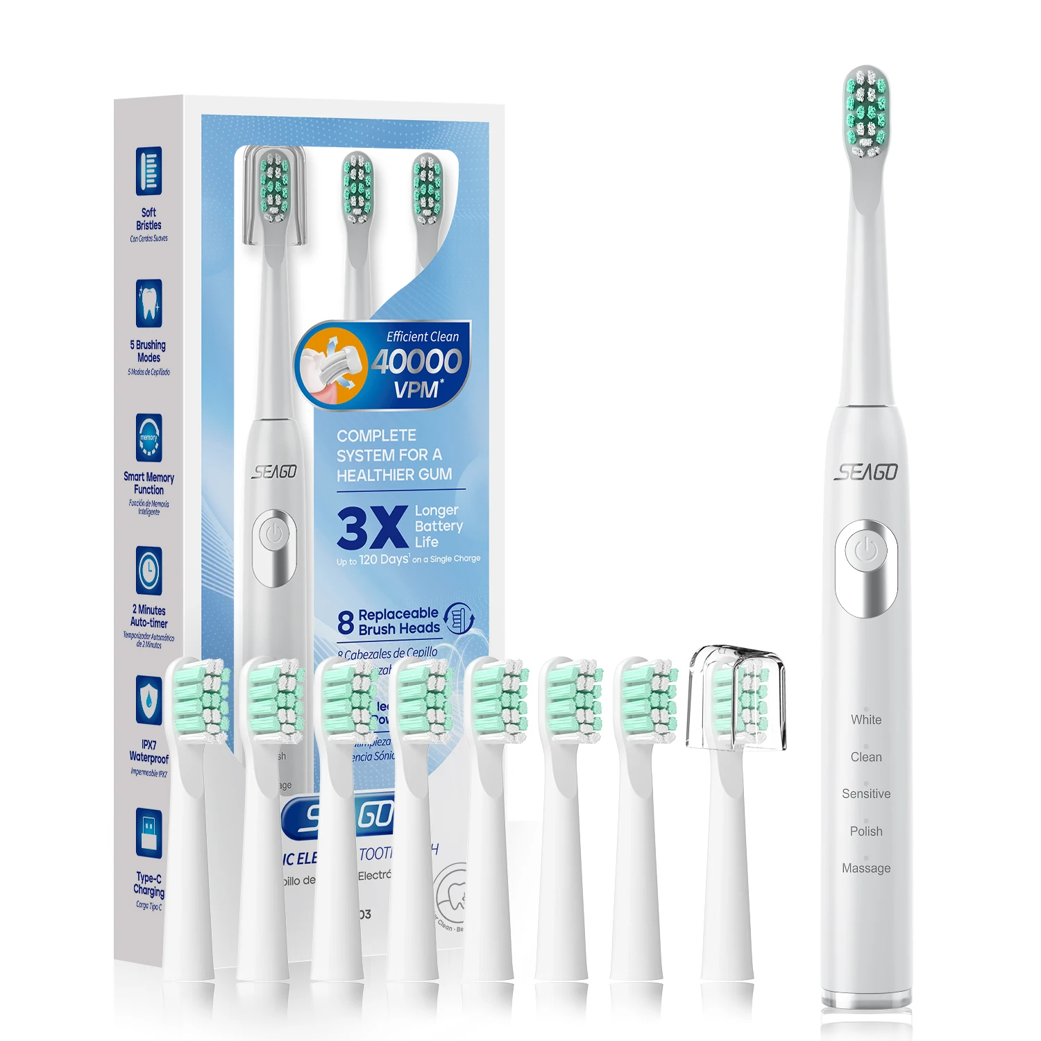 SEAGO SG2303 Smart Auto Timer 40000 VPM 5 Cleaning Modes 120 Days 8 Brush Heads Rechargeable Sonic Electric Toothbrush For Adult