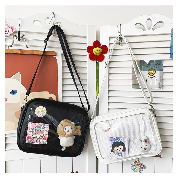 kwaii soft girl Messenger bag cute girl pu with insert shoulder transparent small square bag JK Baji pin ita bag