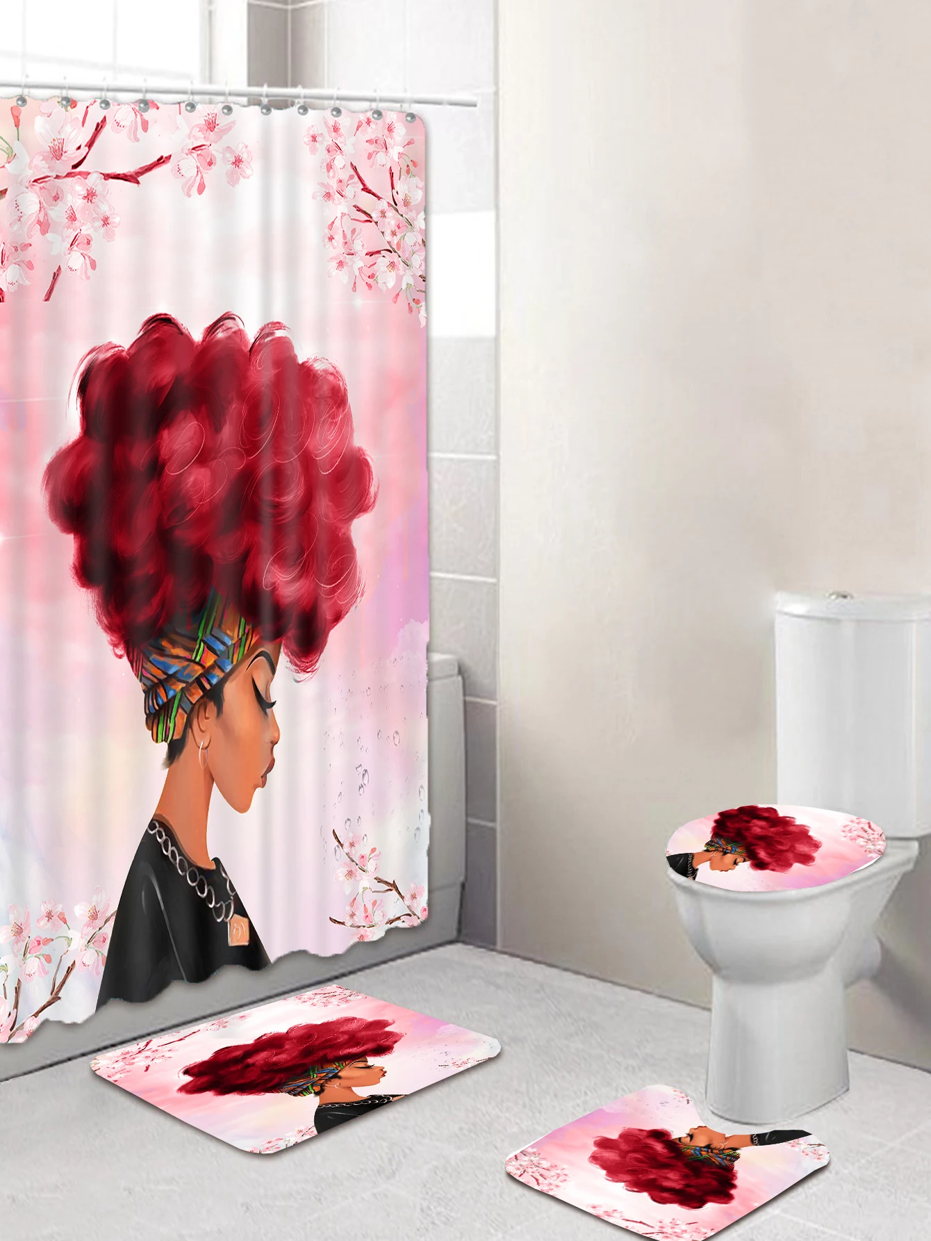 
New design OEM 4 pieces waterproof bathroom deco black women art african american shower curtains 