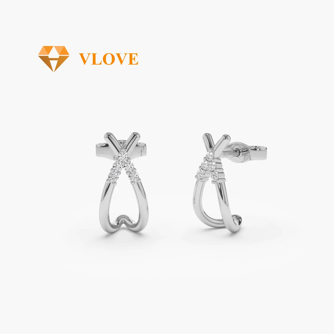 VLOVE Charm Jewelry Diamond Earrings 14k CrissCross Half Hoop Diamond Stud