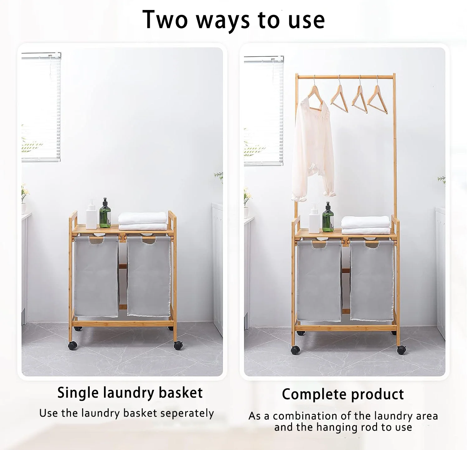 Hanging Rack Laundry Basket 2-in-1 Shelf Removable Bamboo Laundry Basket Laundry Hamper