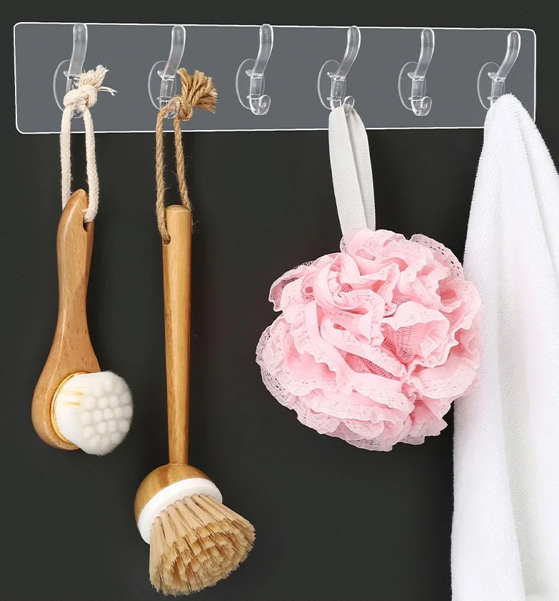 Non Perforated Multi Row Clothes Hook Transparent Adhesive 6 Row Multifunction Hooks Hat Clothes Towel Hanger Holder