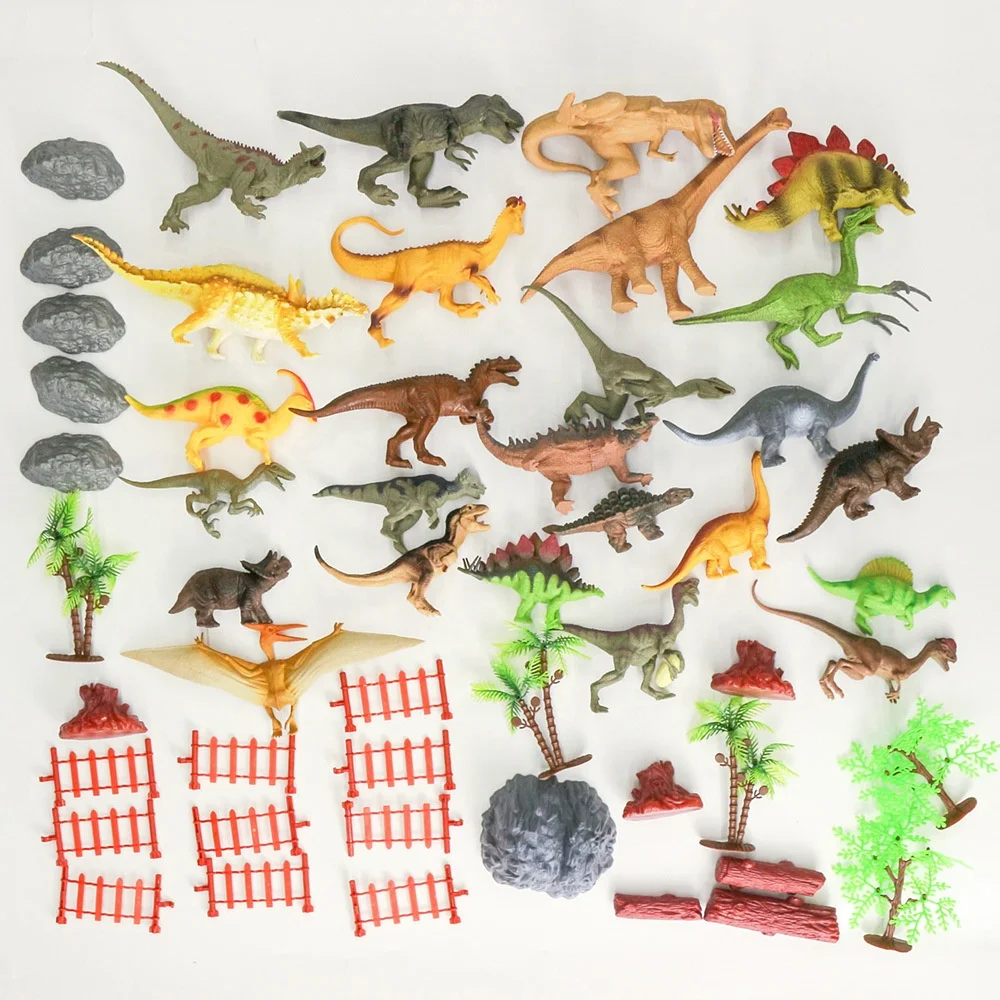 Kids Toy 50 pcs Set Box Educational 3D Cartoon Park Dino Tree Fence Simulation Model Plastic Dinosaur Figure