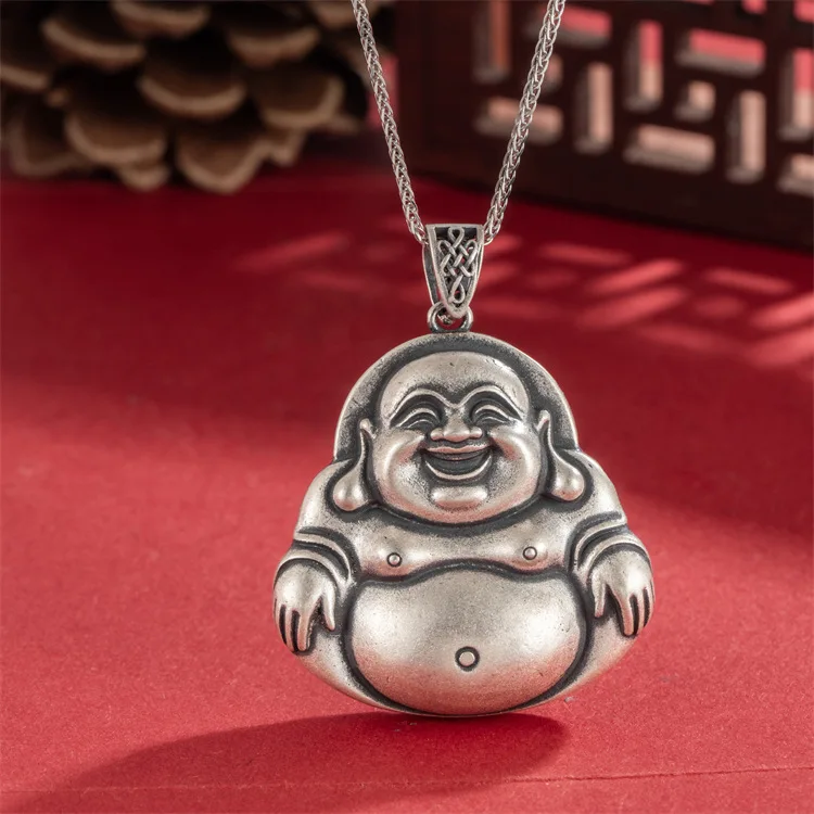 Chinese-style S999 full-foot silver vintage Maitreya Buddha pendant necklace to make old matte Buddha brand national wind Buddha
