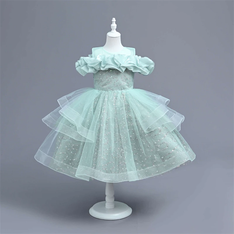 Children Girls Sequin Ball Gown Princess Piano Performance Clothes Dress Toddler Baby Girls Birthday Puffy Dresses