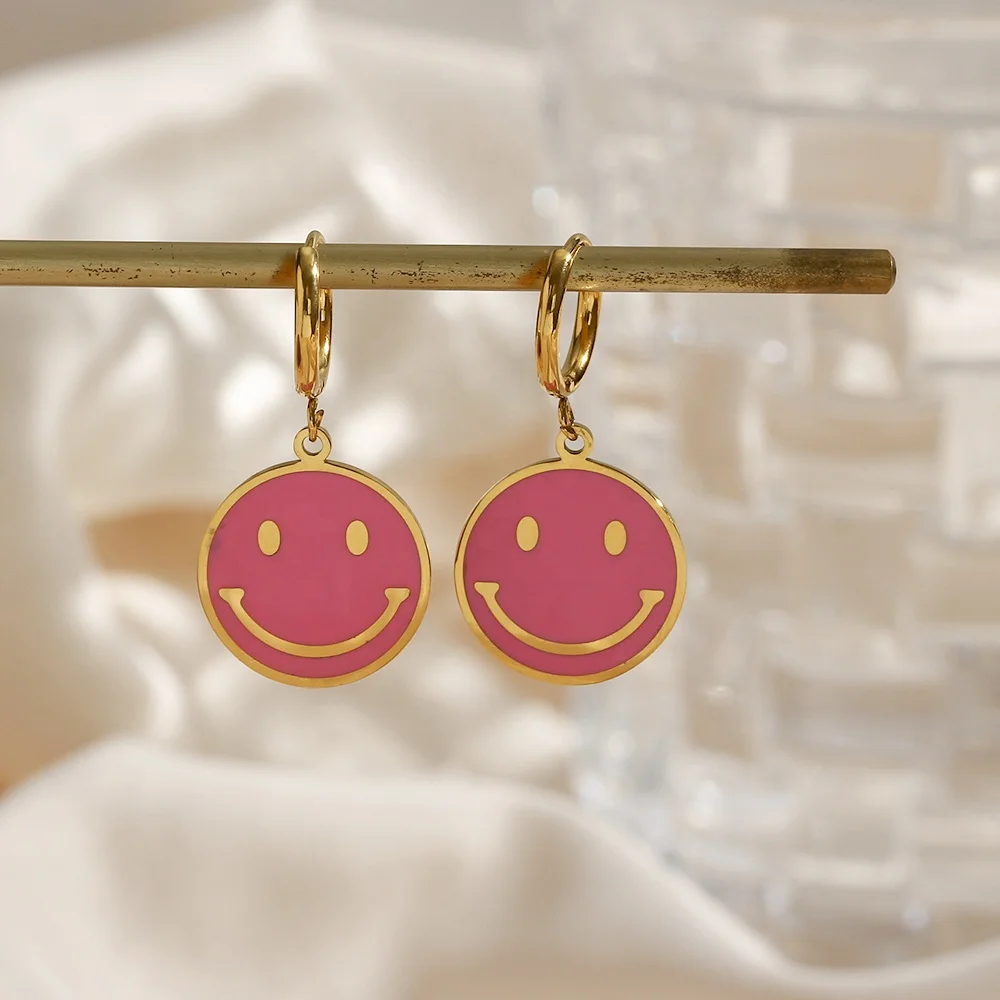  Colorful Fashion Enamel Earrings Stainless Steel Green Pink Black Smile Face