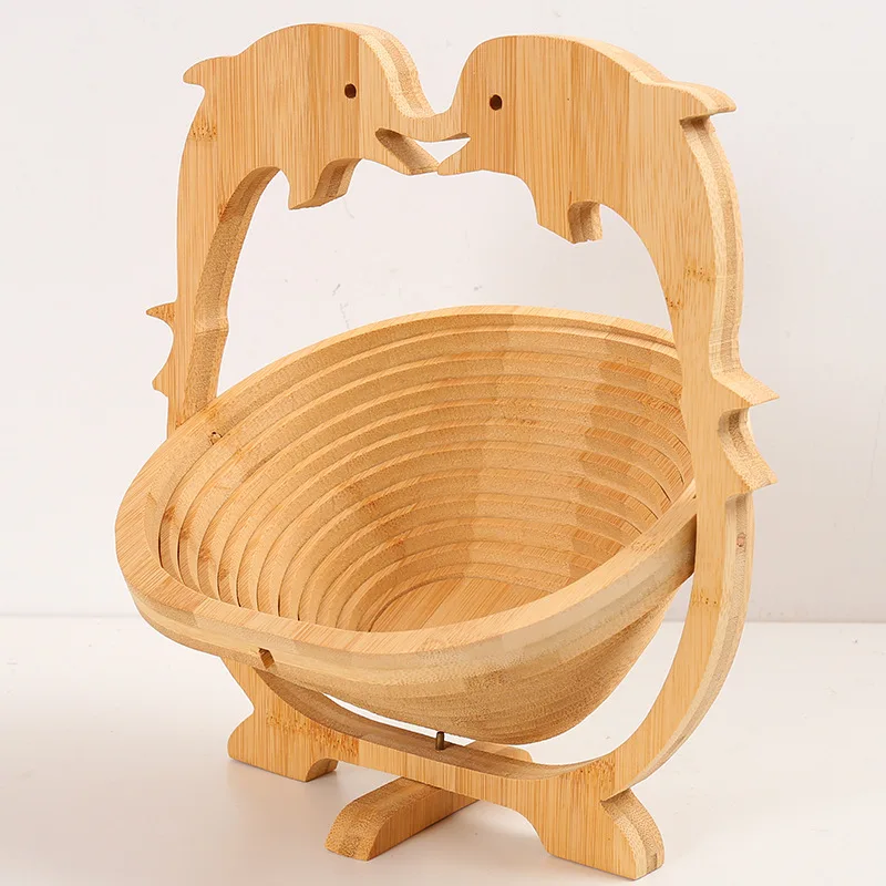 Eco-friendly Collapsible Fruit Basket Handmade Bamboo Wood Carving Folding Fruit Basket for Candy Fruits Nuts & Bread