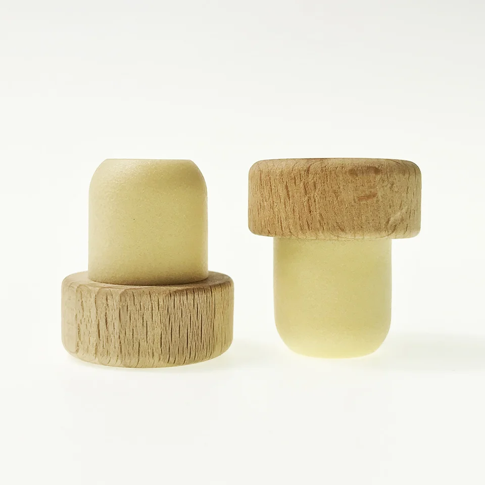 Customized Reusable T Shape Wooden Synthetic Wine Cork Stopper Wood Top Cap Polymer Cork