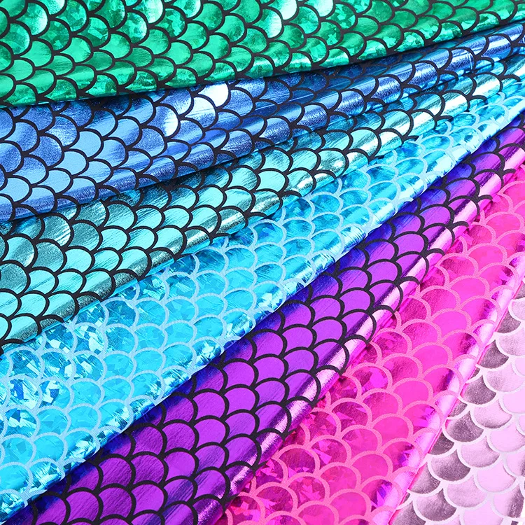 Foil Printed Glitter Fish Scale Pattern Stage Dress Shiny Stretch Fabric Novel Design Mermaid for Child Custom Spandex Fabric