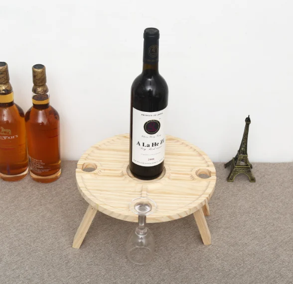 Hot sell Portable Wine Picnic Table with Bottle and Glass Holder Foldable Bamboo Table Wood Serving Tray