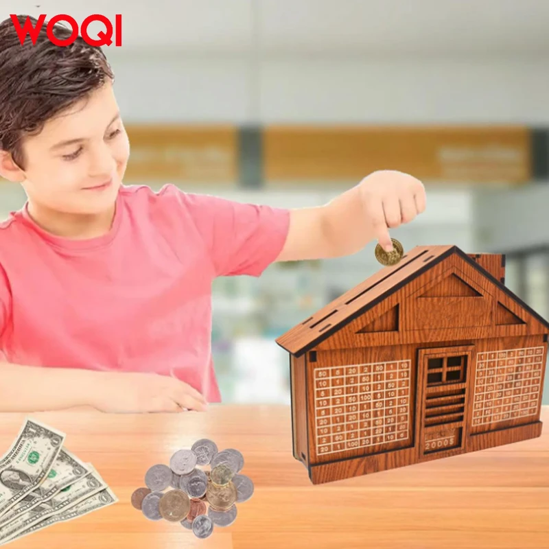 WOQI Modern Retro Wooden Money Box Reusable Money Bank with Saving Target for Kids and Adults