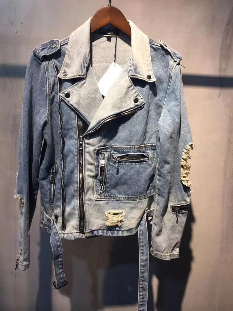 OEM private label men custom stock dropshipping  black biker distressed mens denim jacket