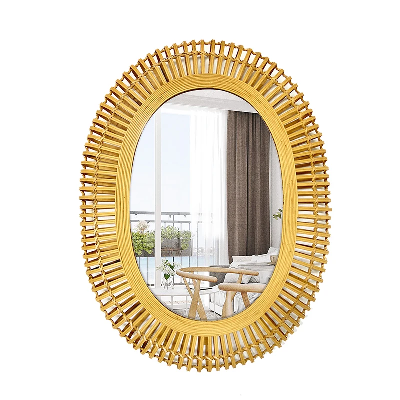 Fancy Pastoral Farmhouse Accents Decorative Oval Rattan Bamboo Frame Mirrors Decor Art Hanging Wall Mounted Mirror