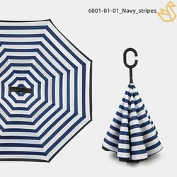 Wholesale black plastic ergonomic C shape handle double canopy inverted reverse umbrella with Navy and White Stripes Pattern