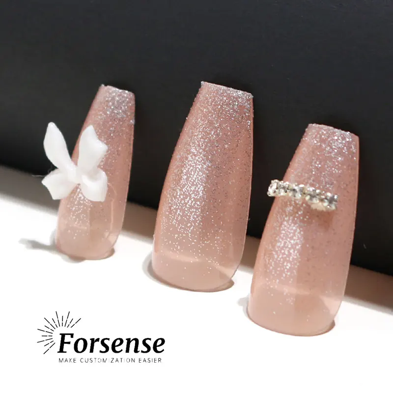 luxury 3d jewelry decoration press on nails with rhinestone diamond handmade short coffin nail tips stick on wear fake nails bow