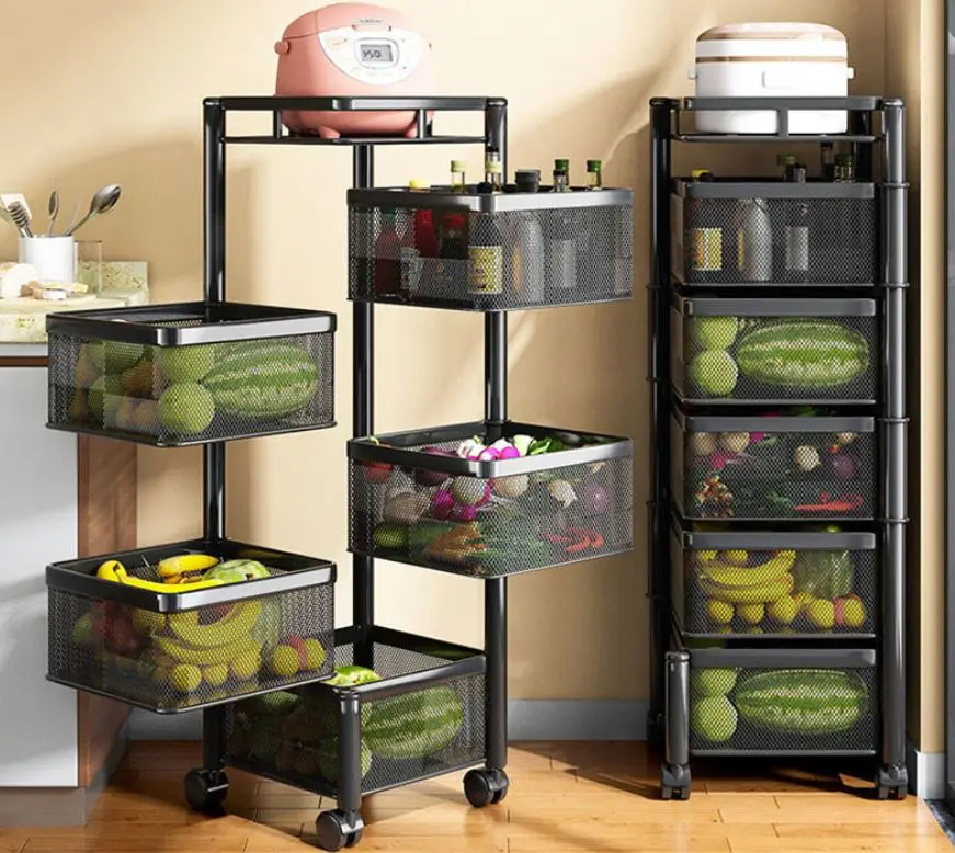 Rotating Kitchen Fruit Vegetable Shelf 3/4/5 Layer 360 Household Storage Rack Black Square Fruit Trolley