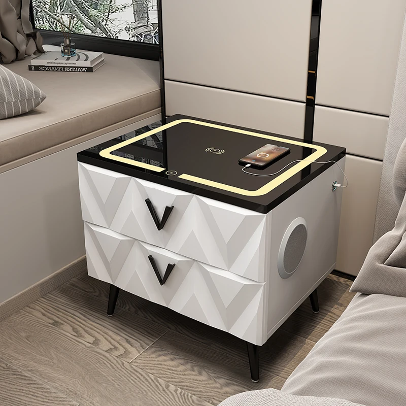 Modern Simple Nightstand Smart Bedside Table Sets with 2 Drawers Wireless USB Charging Bluetooth Speakers Safe Finger Print