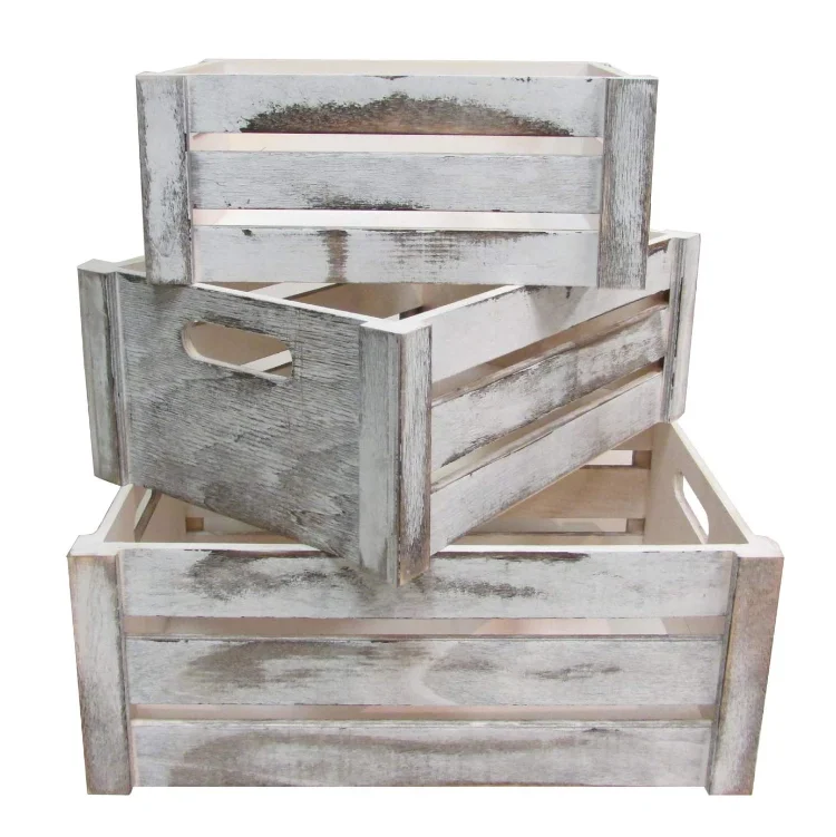 High quality antique white 3 pieces distressed decorative wooden crate storage containers