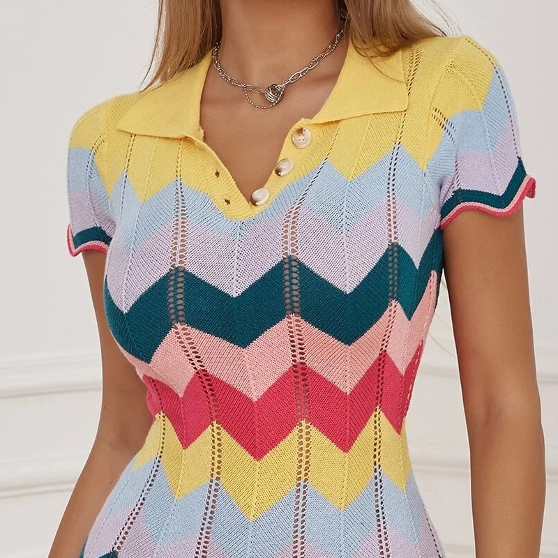 Chevron Pattern Polo Neck Bodycon  Dress 2023 custom design sweater knit women sweater export women new designer sweaters