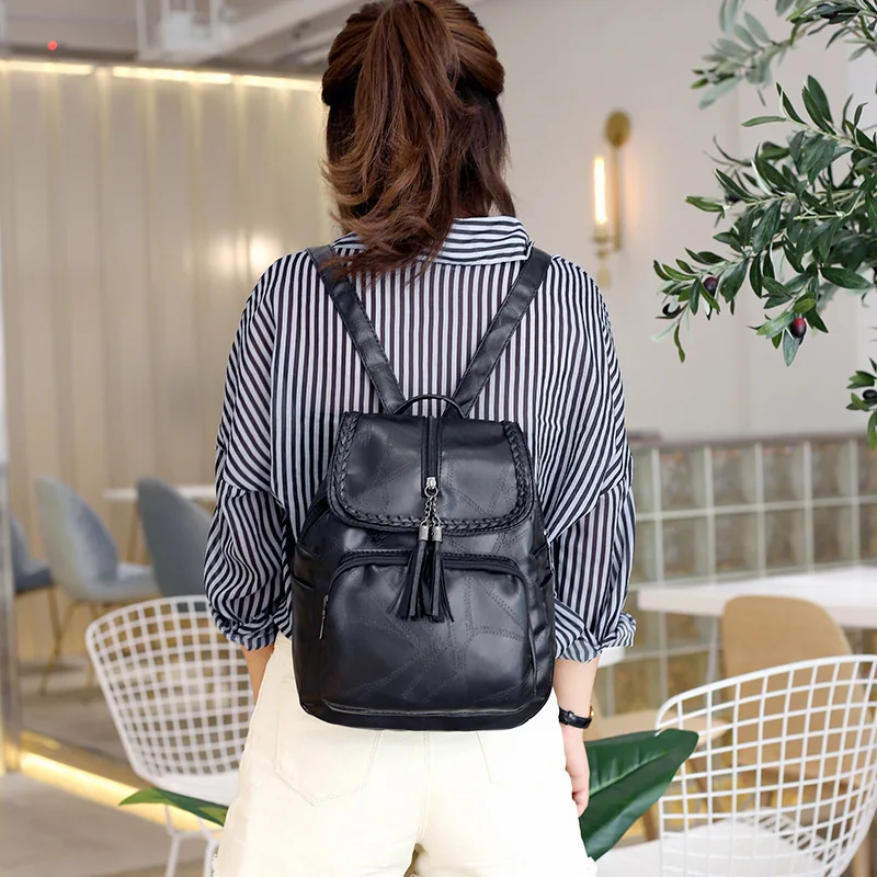 2024 New Backpack Female New Backpacks For Women Black Travel Backpack Soft Leather School Bags For Teenage Girls And Women