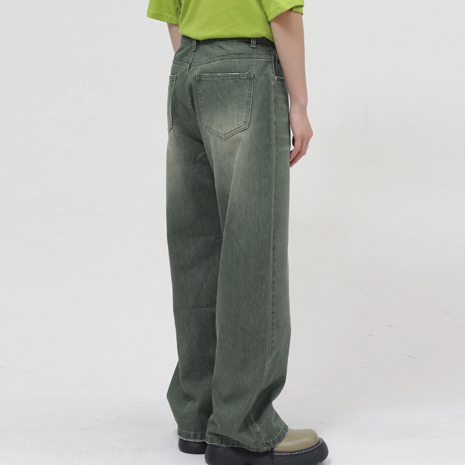 Wide Leg Army Green Vintage Jeans High Waist Retro Stone Washing Plus Size Straight Jeans Men