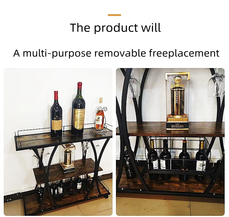 Living room  the bar  Removable 3 layer wooden metal cart metal wine rack wine glass rack