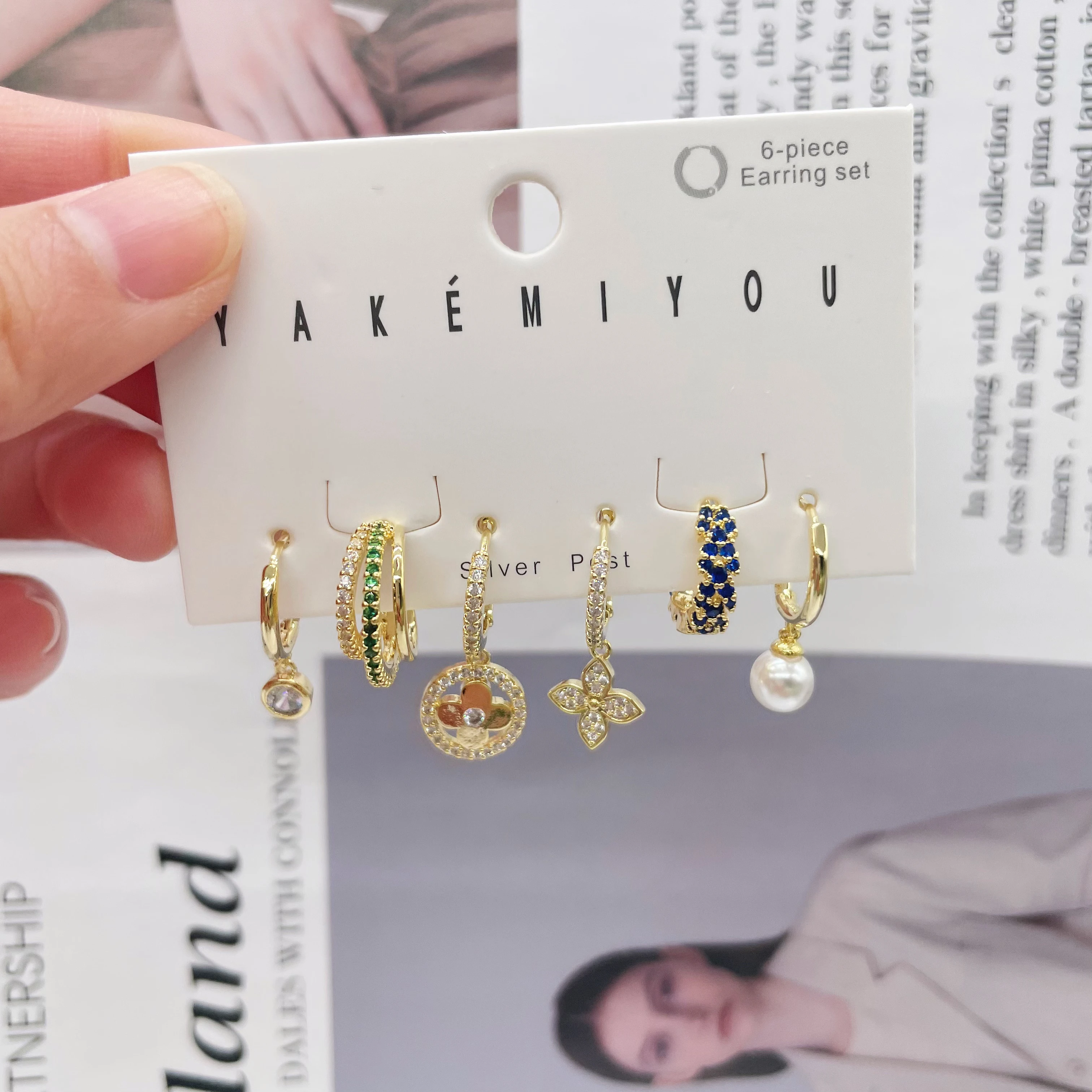 Hot popular 6 set zircon earrings yakemiyou trendy designs for women pearl pendant hoop four clover earrings with jewelry