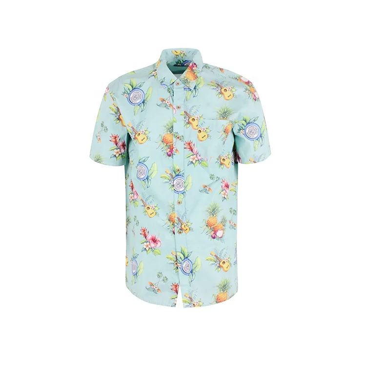 Wholesale custom fashionable design short sleeve guitar fruit printed pattern men beach shirts