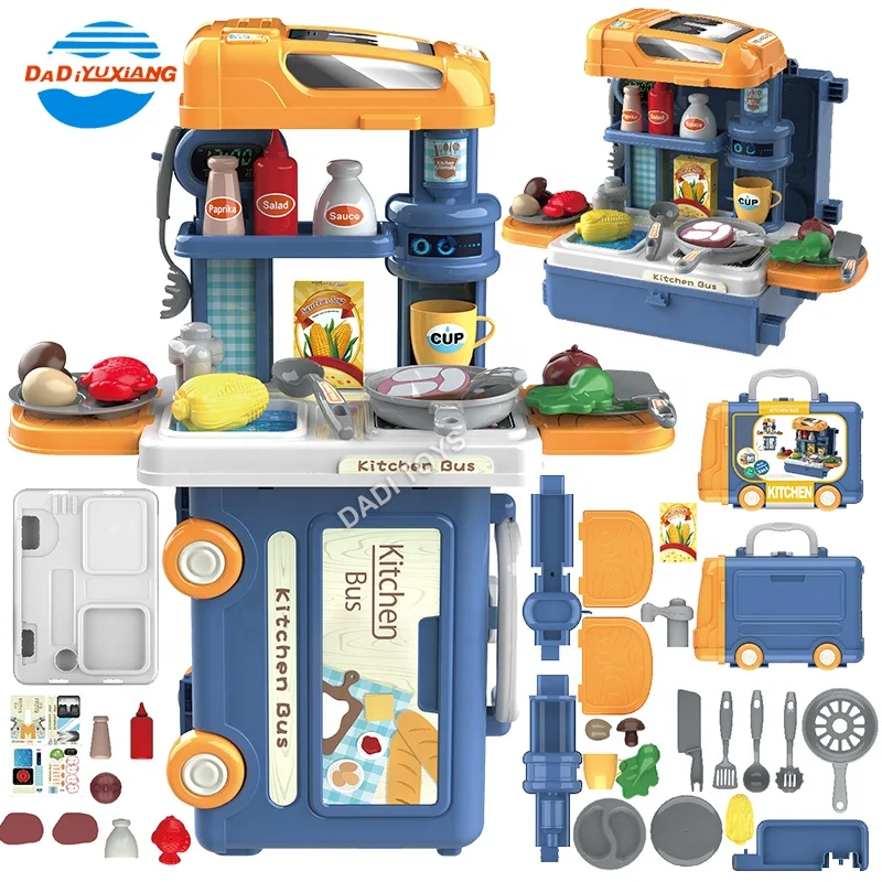 DADI OEM&ODM 3 IN 1 BUS Suitcase Happy Kitchen Toys Cooking Game Kitchen Toys For Kids Pretend Play