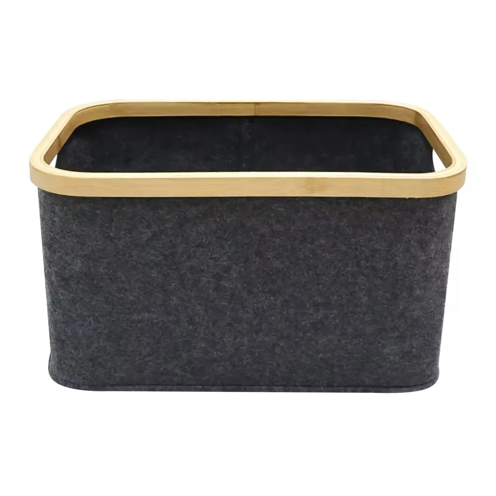 Collapsible laundry Bamboo frame eco-friendly Felt Storage Basket for Shelves Closet Customizable logo