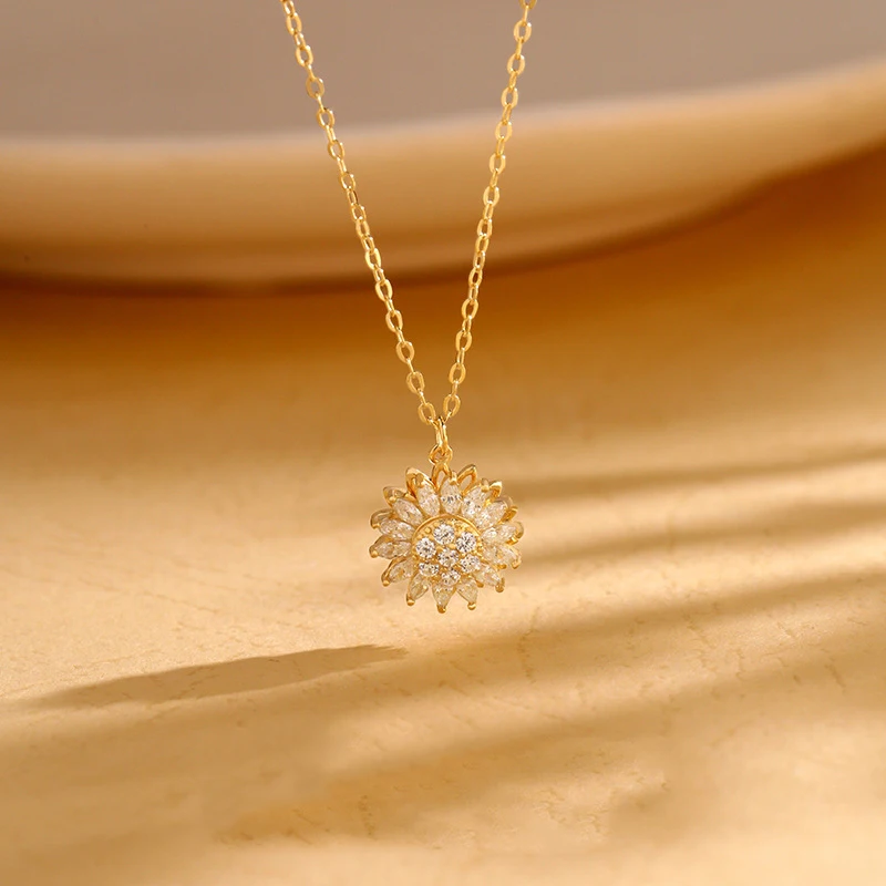 Rainbowking Dainty S925 sterling silver Rotating flower charms jewelry 18k gold plated pave setting cluster cz pendant necklace