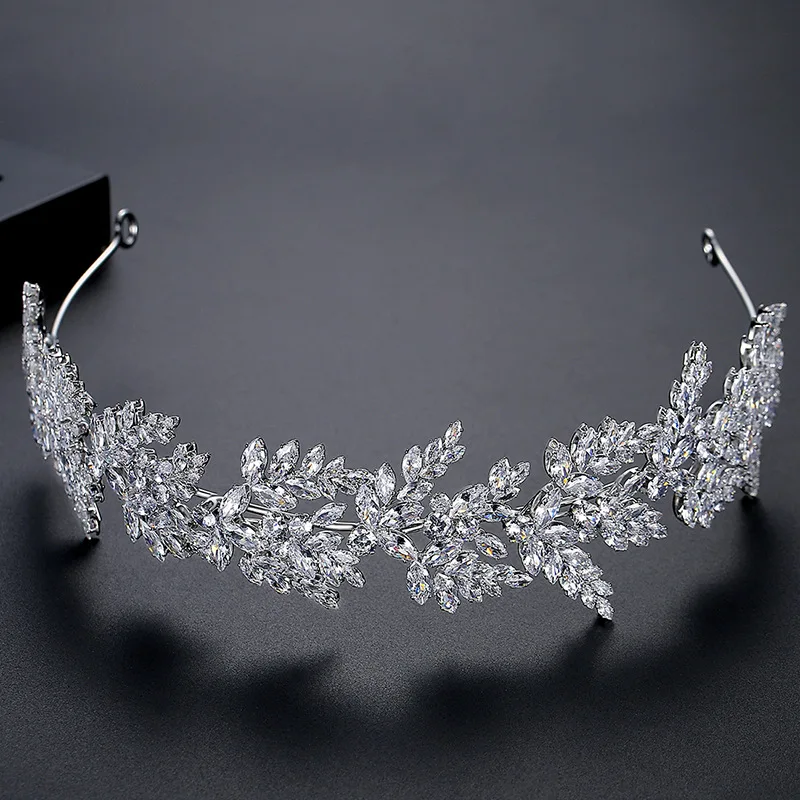 LUOXIN Luxury Zircon Leaf Design Hair Accessories Bridal Party Cubic Zircon Wedding Tiara Headband