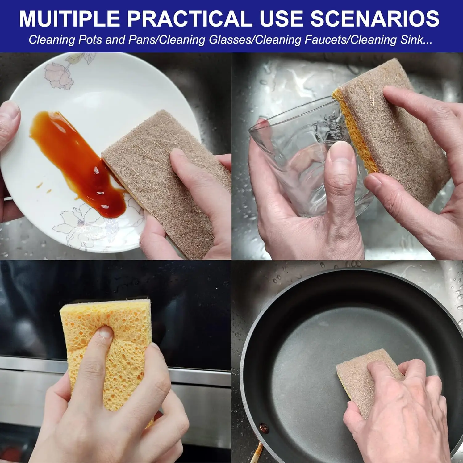 Eco Friendly Natural Wooden Cellulose Sponge Scrub Biodegradable Sisal Dish Washing Sponge For Kitchen Cleaning