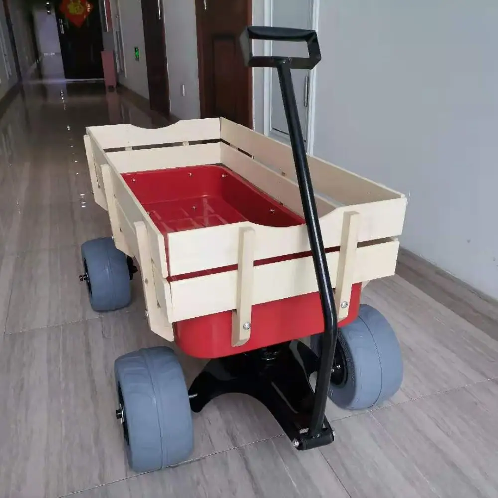 Four-wheel Roll Container Wood Platform Storage Steel Wooden Beach Garden Yard Child Kids wooden big wagon cart