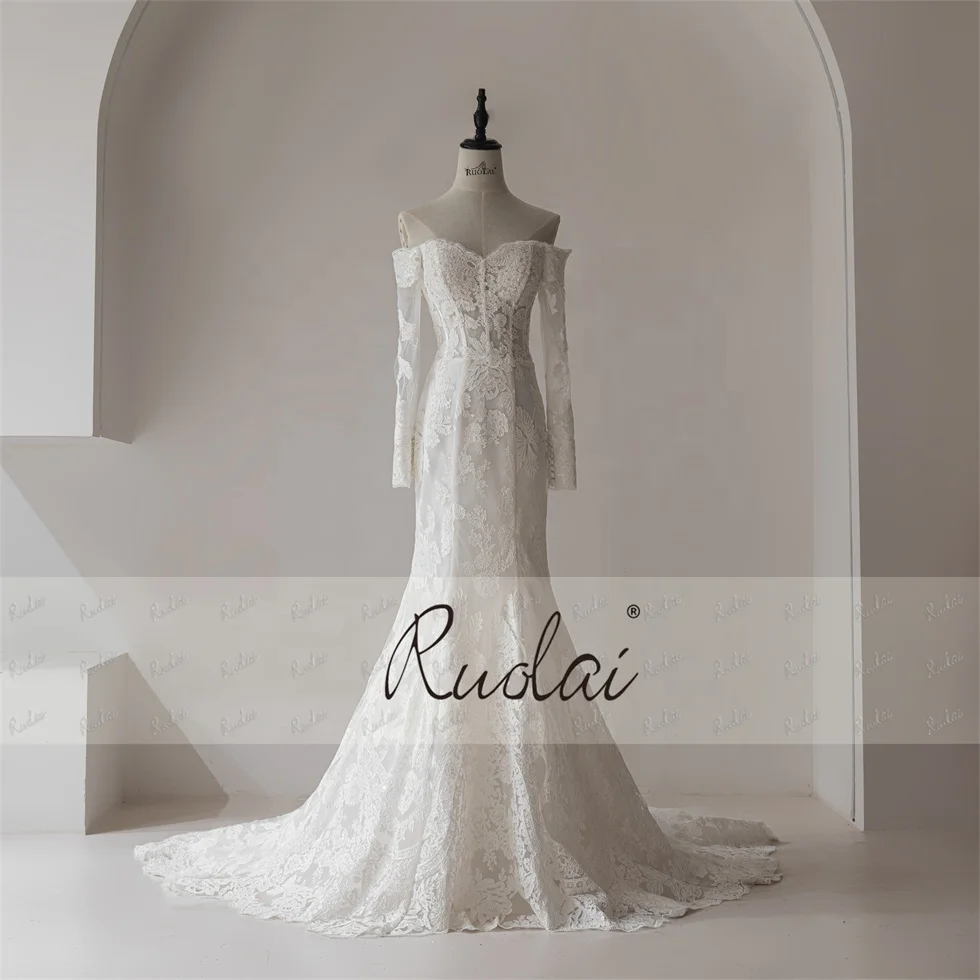 Ruolai QW01863 Sweep Train Lace Up Back Sweetheart Neckline Off Shoulder Long Sleeves Mermaid Wedding Dresses For Bride