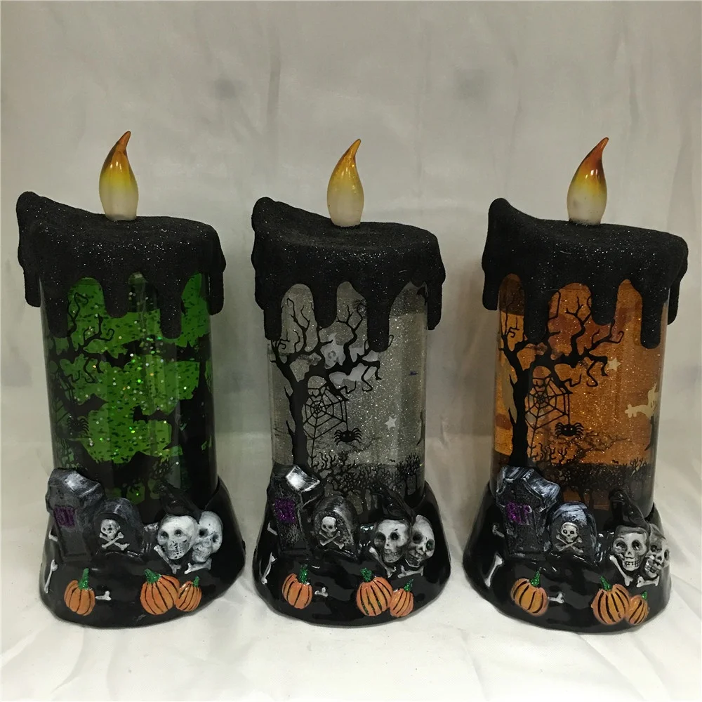 
Battery Operated RGB LED Light Up Glitter Water Filled Tombstone Base Halloween Led Candle 