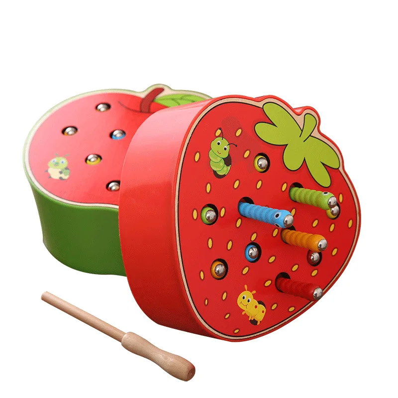 Magnetic Bug Catching Early childhood games toy hand-eye coordination worm eating apple strawberry
