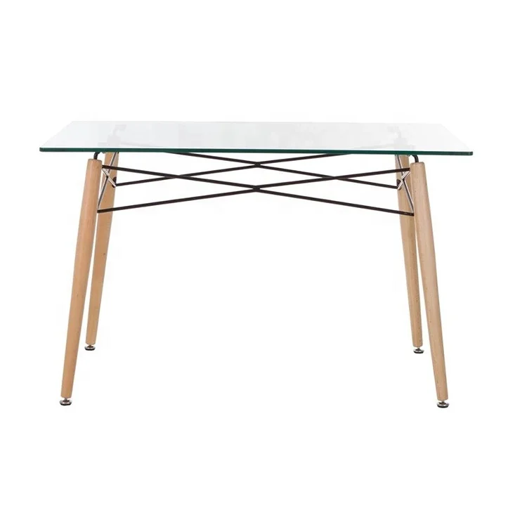 Free Sample Wholesale Top Glass Dining Room Furniture Square Dining Table with Wood Legs Home Furniture