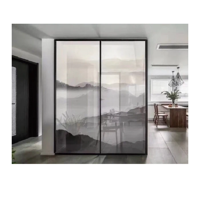 Topwindow Customized Tempered Glass Soft Closing Black Metal Narrow Frame Sliding Door Interior Glass Door For Bedroom