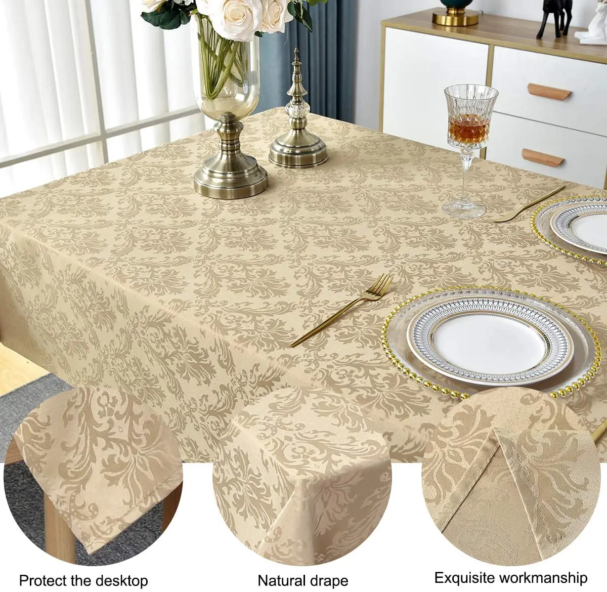 Jacquard Tablecloth Damask Table Cloth Spillproof Wrinkle Resistant Oil Proof Tablecloth for Kitchen Dinning Tabletop