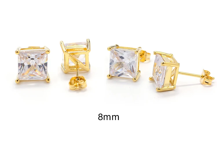 Simple brass jewelry white crystal zircon 6-8 mm single square stud earring