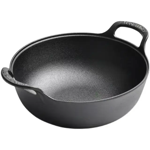 Wok Uncoated Flat Bottom Cooking Pot Soup and Stock Pot Double Ear Pot Country Kitchenware Pans Pre Seasoned Household Cast Iron