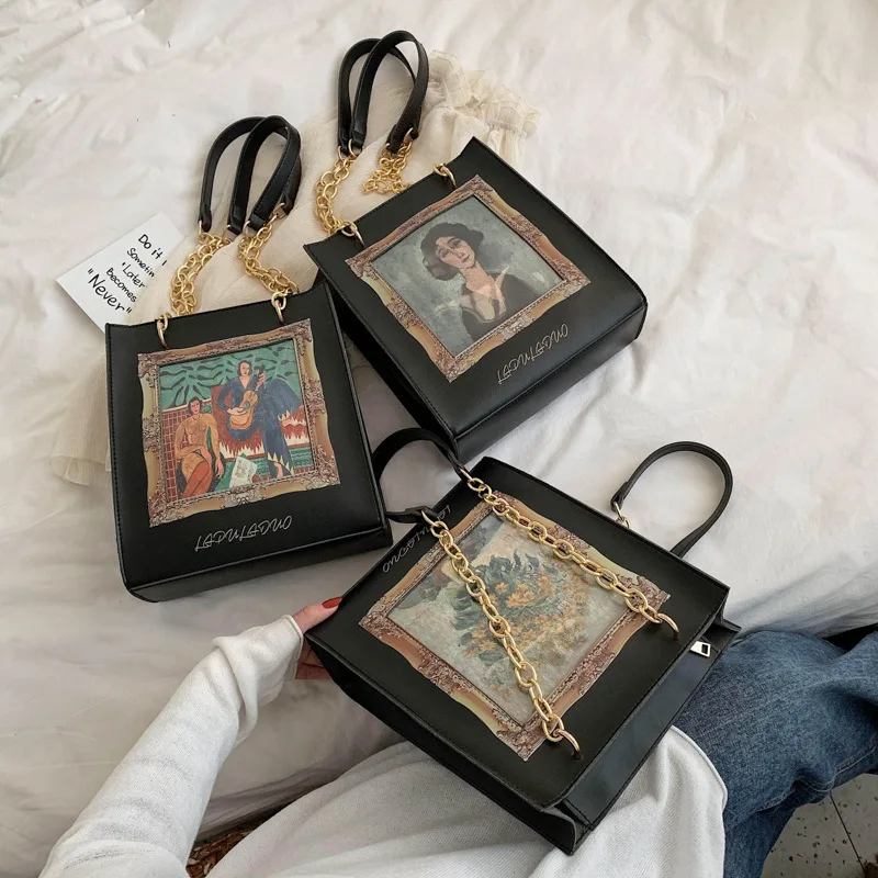 Wholesale Chinese oil painting bags retro print pu leather purses and handbags ladies shoulder crossbody tote bags with chain