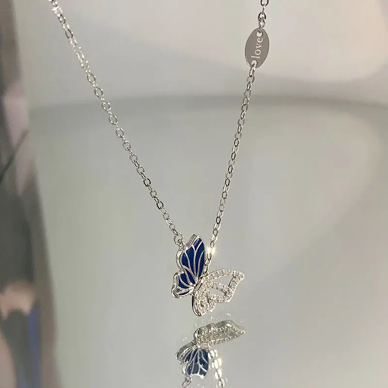 Flying Blue Butterfly Necklace 925 Sterling Silver Hollow Design  925 Sterling Silver Cubic Zirconia Dainty White Gold Plated
