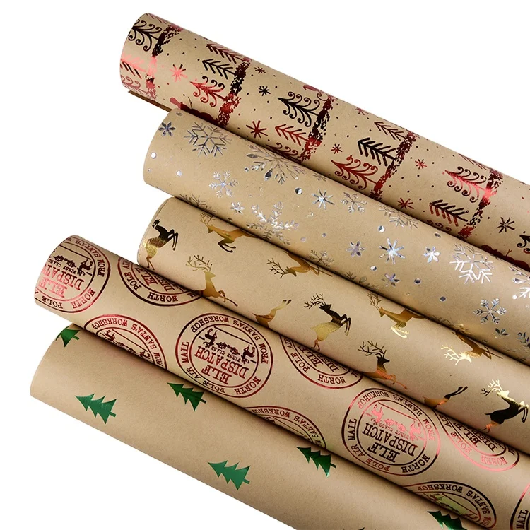 
48pcs/ctn New hot stamping Craft Paper Gold Reindeer Brown Kraft Gift Wrapping Paper Roll for Christmas 