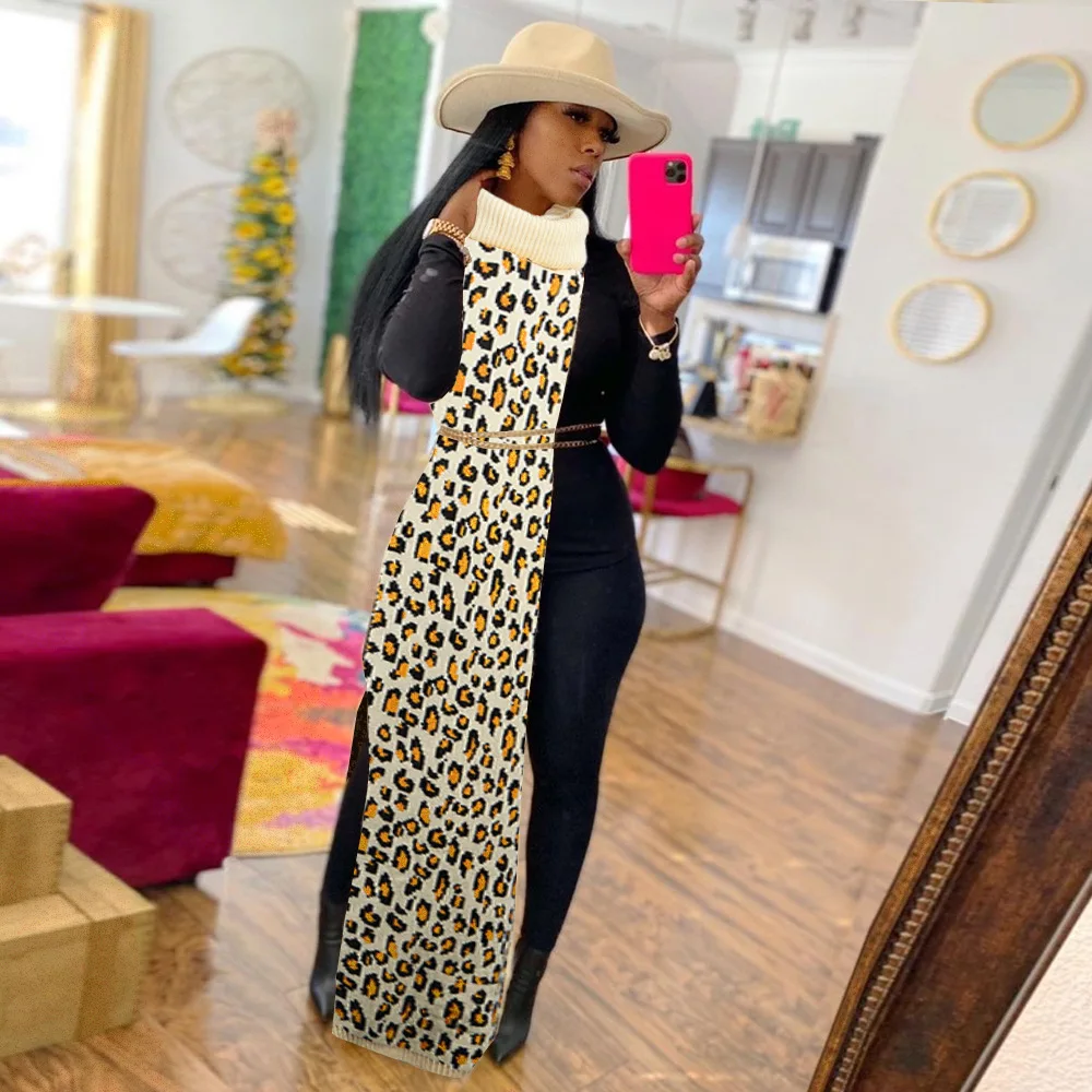 trending products 2021 new arrivals Fashion Sexy two sided split knitted fabric Leopard print sweater dress women clothing