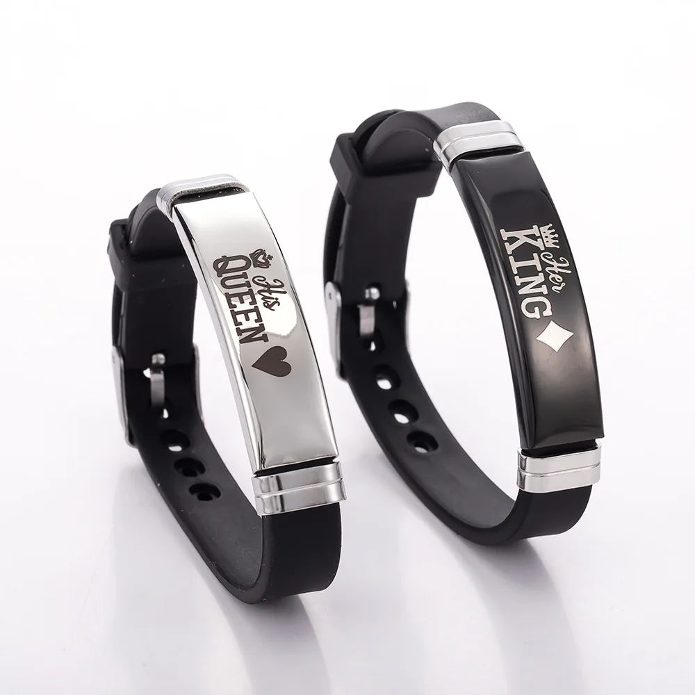 Simple Classic Stainless Steel Set Hand Jewelry Queen King Crown Pattern Personalized Couple Adjustable Silicone Bracelet